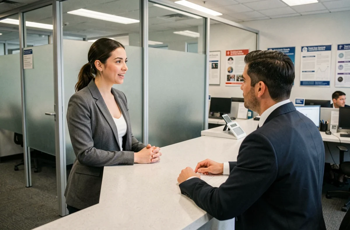 Femme s'adressant à un agent administratif dans un bureau URSSAF pour récupérer ses identifiants