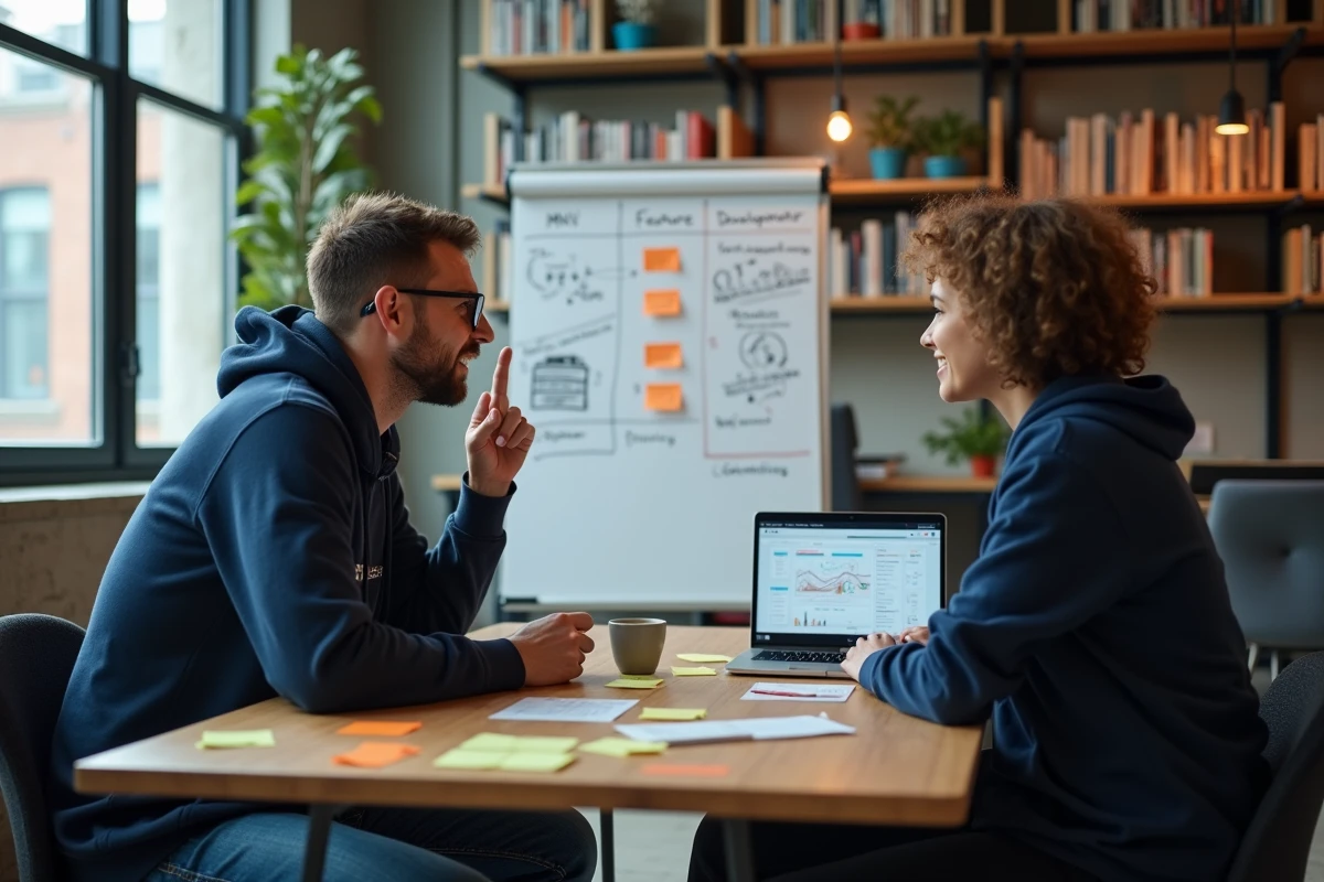 Développeur d'application mobile discutant de la stratégie MVP avec un collègue dans un espace de co-working