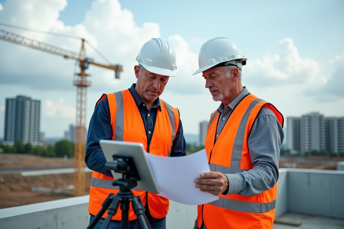 Deux ouvriers BTP consultant un devis de construction sur tablette numérique sur un chantier urbain