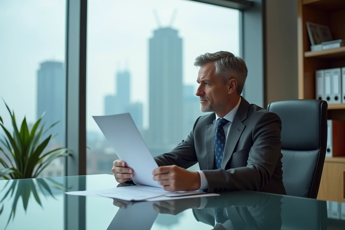 Directeur d'entreprise en costume gris examinant une proposition de recrutement dans un bureau exécutif avec vue sur la ville