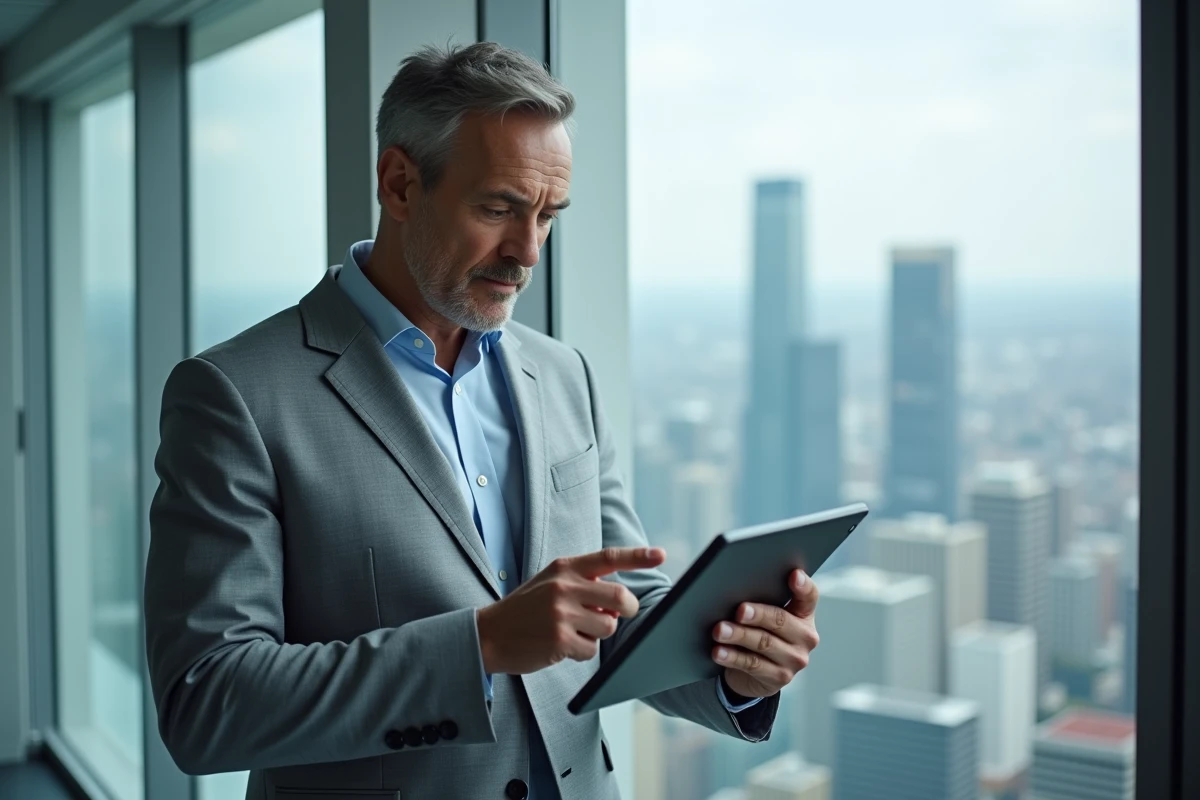 Directeur financier consultant un logiciel de pilotage bi-connexion sur tablette dans un bureau en hauteur avec vue sur la ville