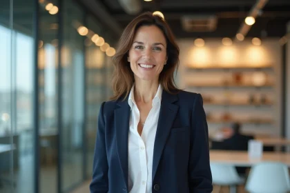 Directrice de grande enseigne de bricolage en blazer marine dans un bureau moderne, posture assurée et regard confiant
