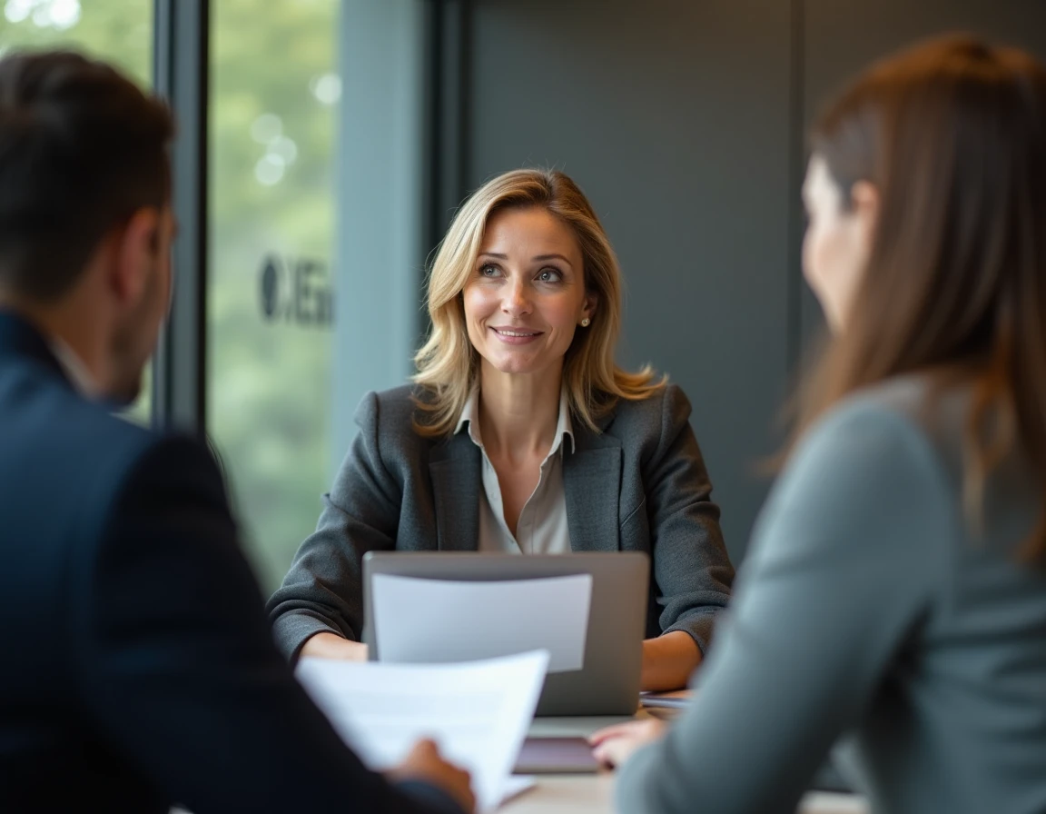 Directrice en réunion stratégique dans une salle de conférence moderne entourée de collaborateurs