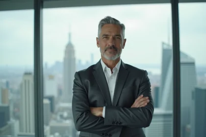 Dirigeant d'entreprise technologique en costume gris dans un bureau moderne avec vue panoramique sur la ville, symbolisant le leadership et la confiance