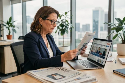 Femme dirigeante de PME comparant la presse économique classique et un site d'actualité économique en ligne dans un bureau moderne