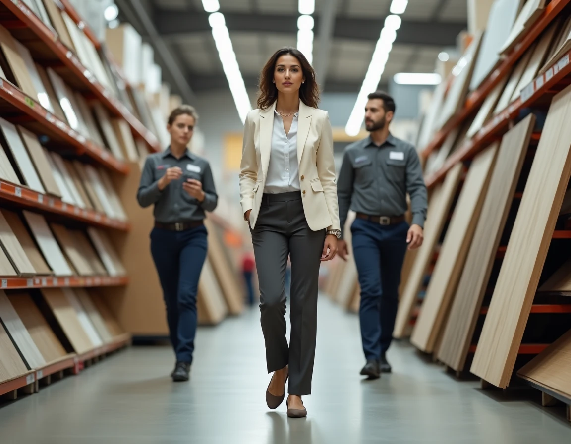 Femme dirigeante traversant un magasin de bricolage accompagnée de collaborateurs en tenue professionnelle