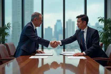 Deux dirigeants d'entreprise se serrant la main lors d'une signature d'accord de fusion-acquisition dans une salle de réunion moderne