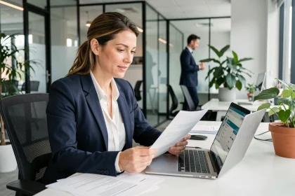 Employée consultant les avantages salariés CE et CSE sur ordinateur portable dans un bureau moderne