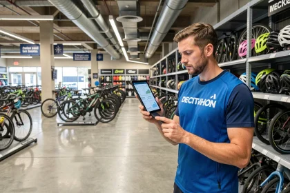 Employé Decathlon consultant une tablette avec des données e-commerce dans un rayon de magasin sportif
