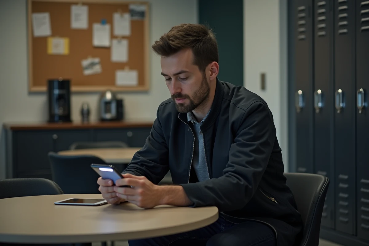 Employé de boulangerie consultant son espace intranet mobile depuis la salle de pause