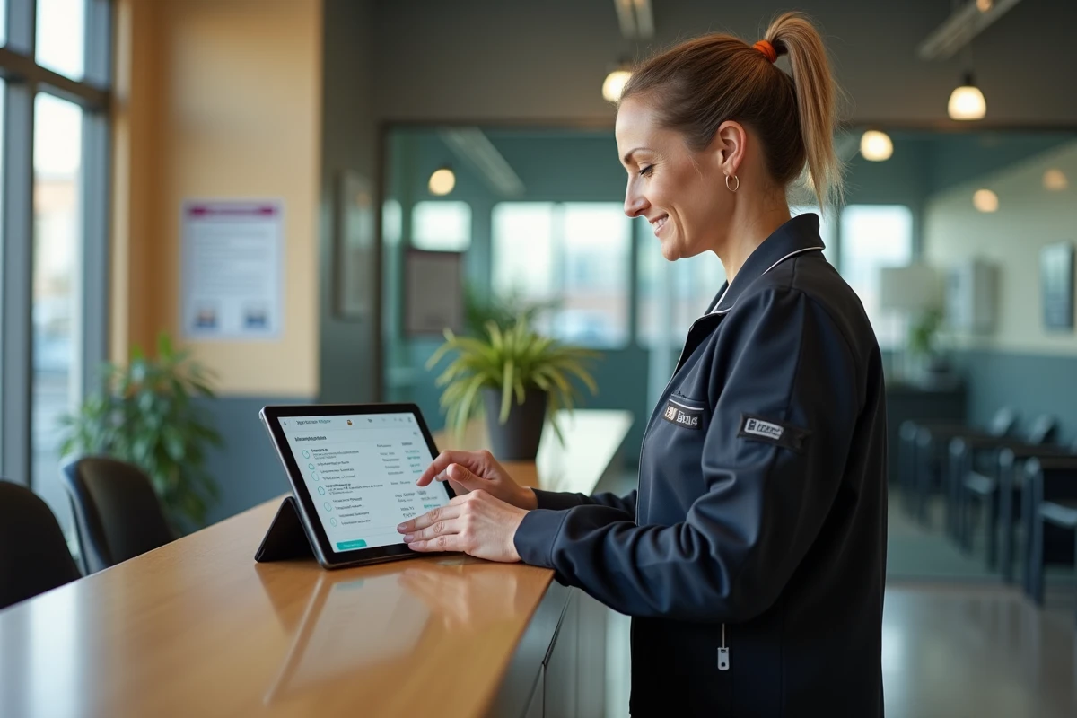 Employée d'un centre Sécuritest utilisant une tablette pour gérer les rendez-vous via l'espace affilié
