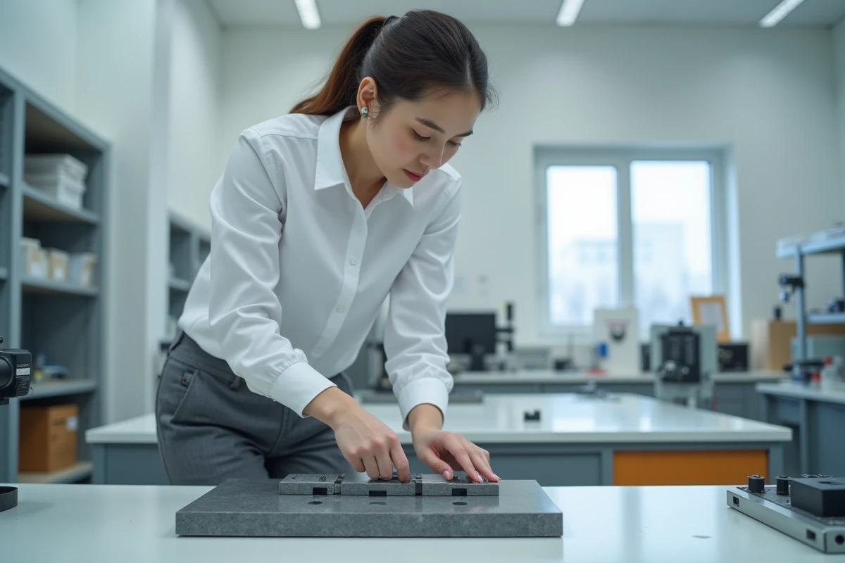 Jeune femme ingénieure ajustant des parallèles sur une plaque