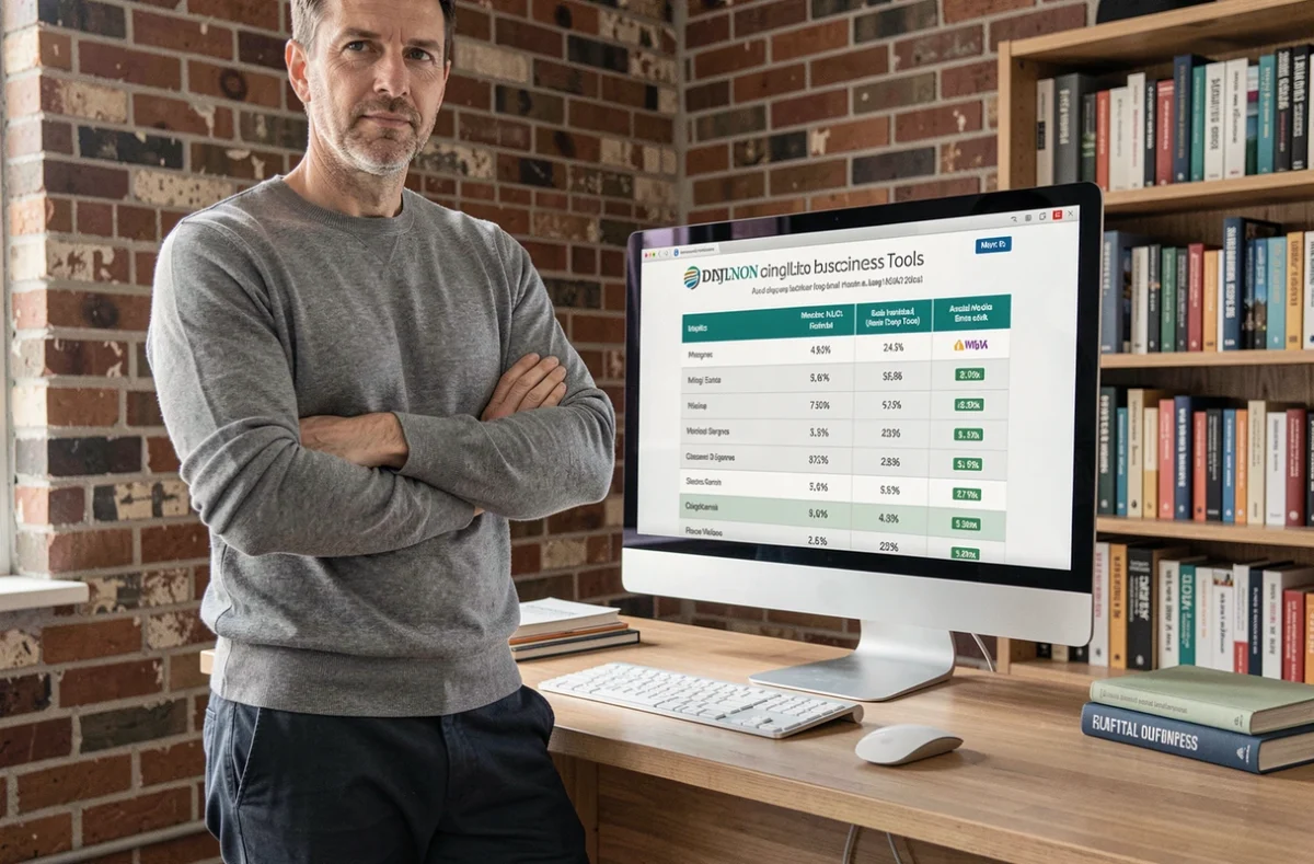Entrepreneur masculin analysant un tableau comparatif des prix d'outils digitaux depuis son bureau à domicile
