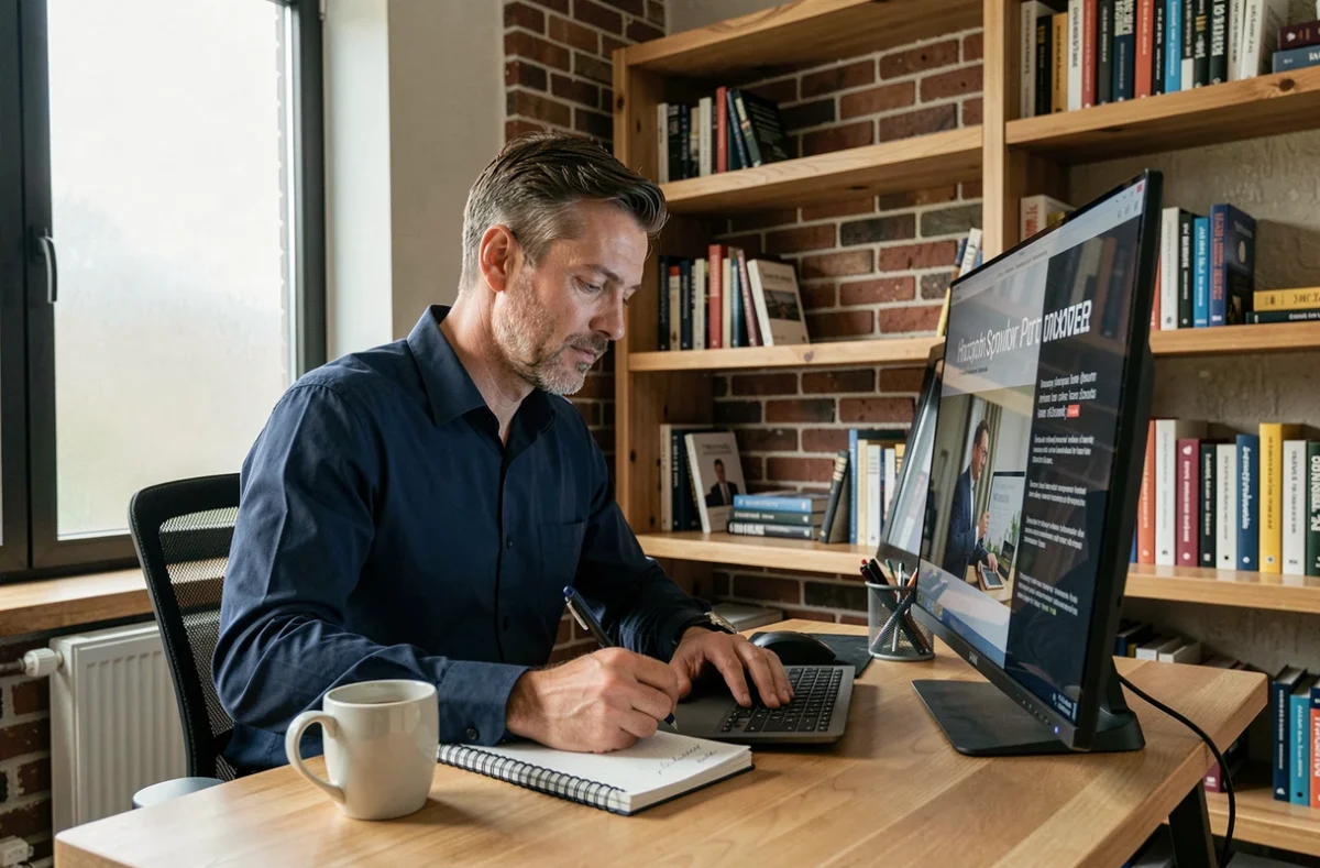 Entrepreneur consultant prenant des notes depuis un article de blog pour élaborer un plan de développement annuel dans un bureau à domicile