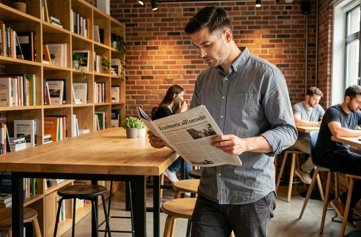 Entrepreneur de PME consultant simultanément un journal économique papier et un site d'actualité PME sur smartphone dans un espace de coworking