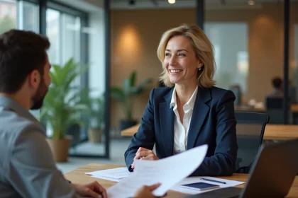Responsable RH en blazer marine menant un entretien de recrutement détendu avec un candidat dans un bureau moderne et lumineux