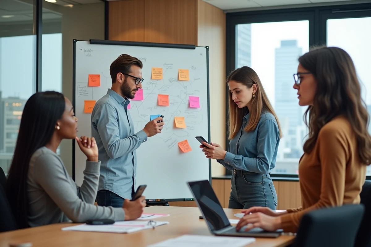 Jeune equipe diverse en réunion dans une salle moderne