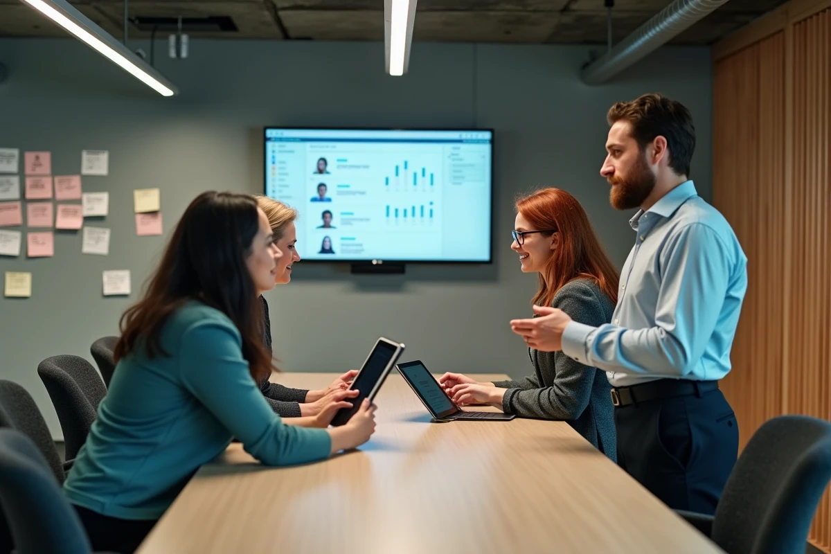 Équipe de recruteurs diversifiée analysant des profils de candidats sur des tablettes dans un espace de travail collaboratif moderne
