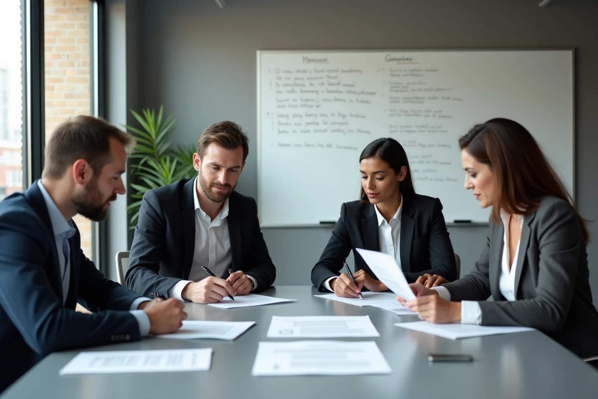 Équipe professionnelle en réunion analysant une note de service imprimée