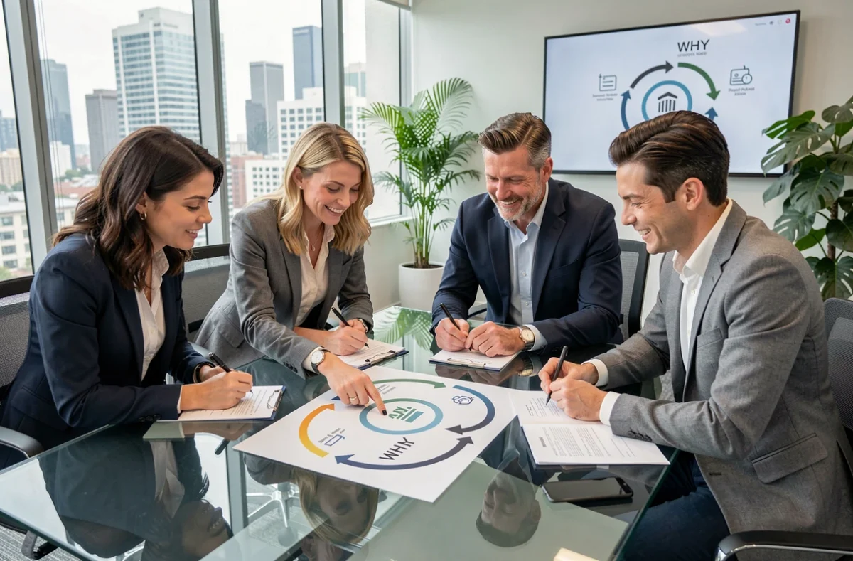 Équipe de professionnels analysant le schéma Why What How autour d'une table de réunion en entreprise