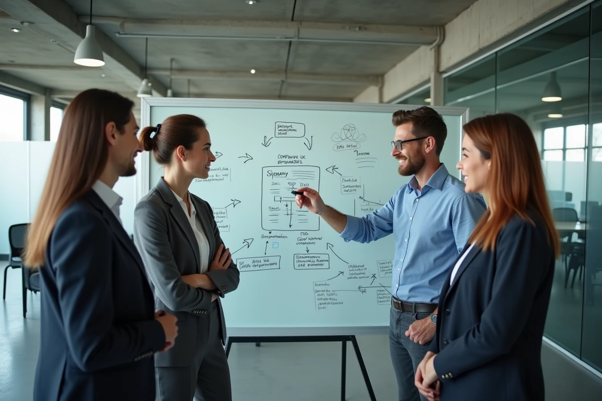 Équipe de professionnels en réunion stratégique autour d'un tableau blanc présentant la structure d'une fusion d'entreprises