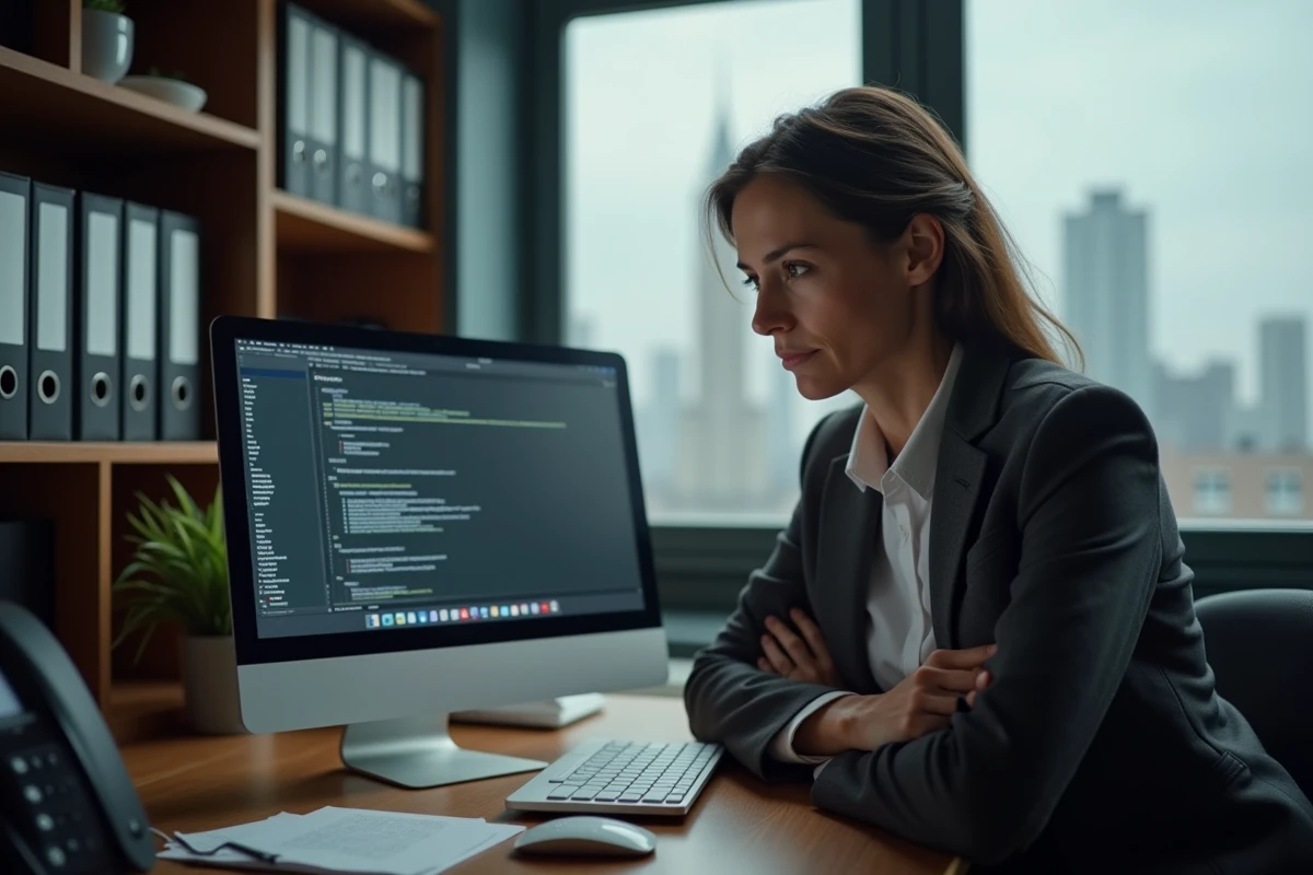 Femme professionnelle face à un message d'erreur de connexion sur son ordinateur de bureau au travail