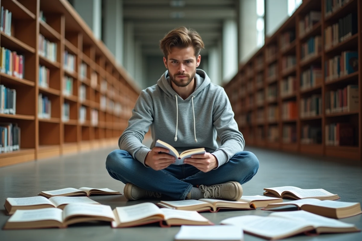 Étudiant révisant le cours de tertiarisation de l'économie entouré de manuels dans une bibliothèque universitaire