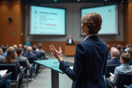 Intervenante professionnelle prenant la parole lors de l'événement Lesentreprisesfrenchy 2026 devant un public attentif dans une salle de conférence moderne