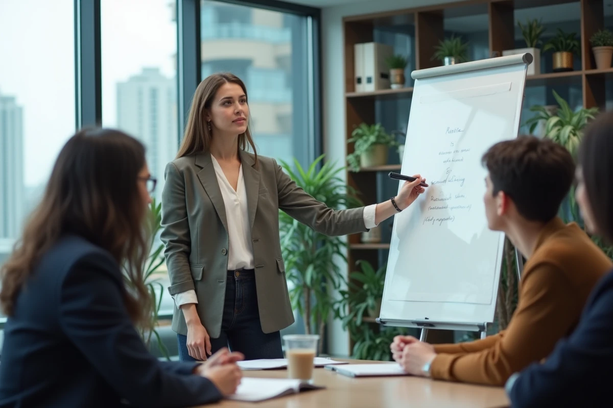 Jeune femme en réunion écrivant conseils devant un tableau blanc