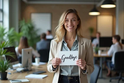 Femme souriante tenant une carte d'adieu dans son bureau