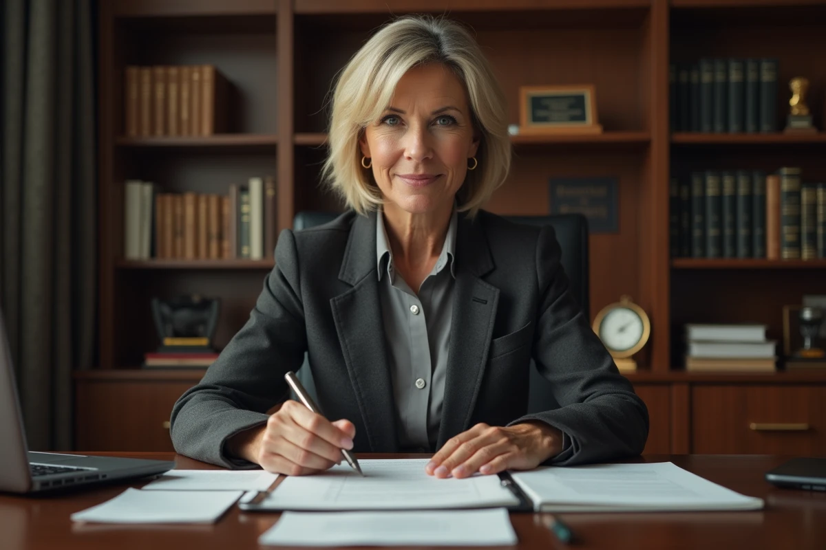 Femme professionnelle en bureau avec documents et ordinateur