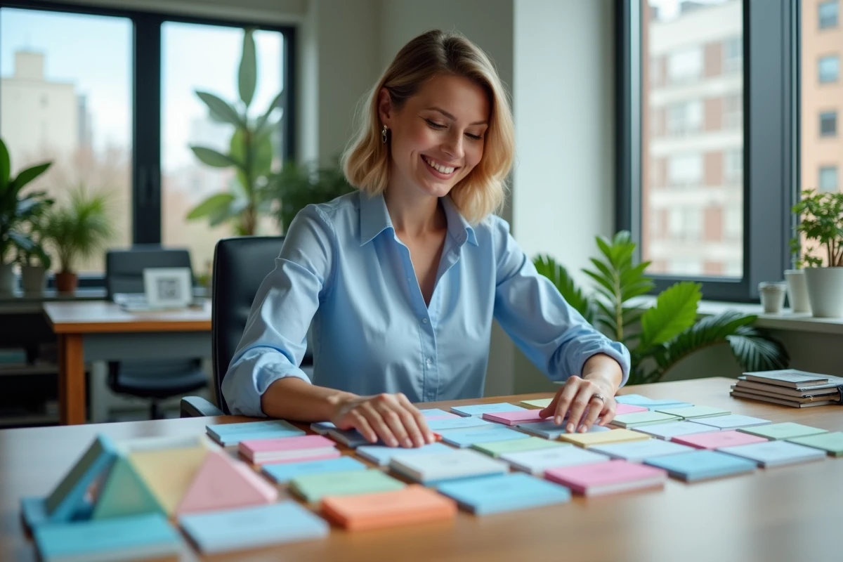Femme d affaires arrangeant des cartes de visite colorées