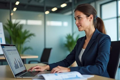 Femme d'affaires analysant un calcul de seuil de rentabilité sur un ordinateur portable dans un bureau B2B moderne