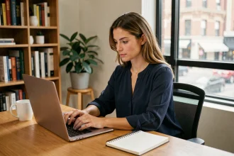 Femme analysant des avis clients en ligne sur un ordinateur portable dans un bureau moderne, illustration d'une enquête sur ZOZIMALLETOM LTD