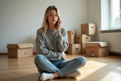Femme appelant Orange pour déménagement assise sur des cartons dans un appartement vide