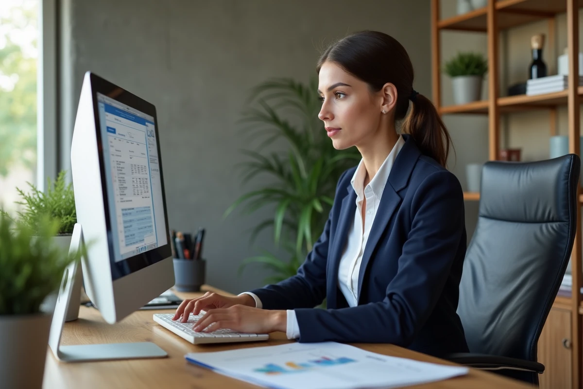 Femme concentrée devant un ordinateur dans un bureau