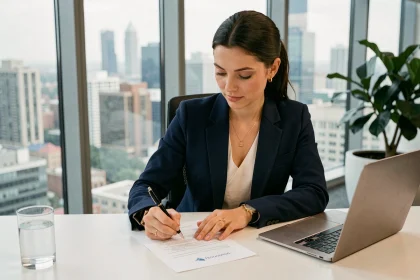 Femme professionnelle révisant un contrat d'égérie à son bureau pour une marque e-commerce