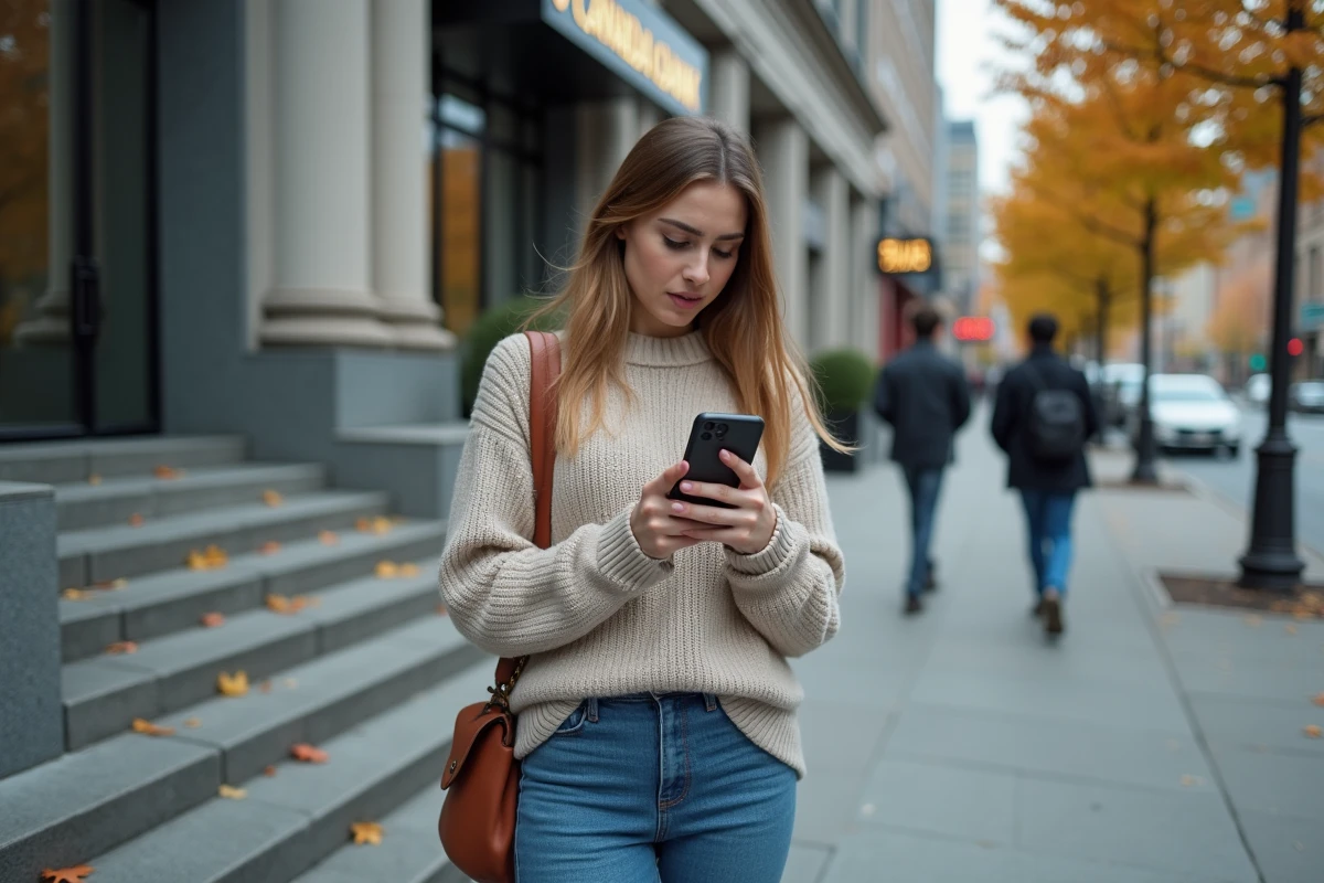 Jeune femme avec smartphone dans un quartier urbain