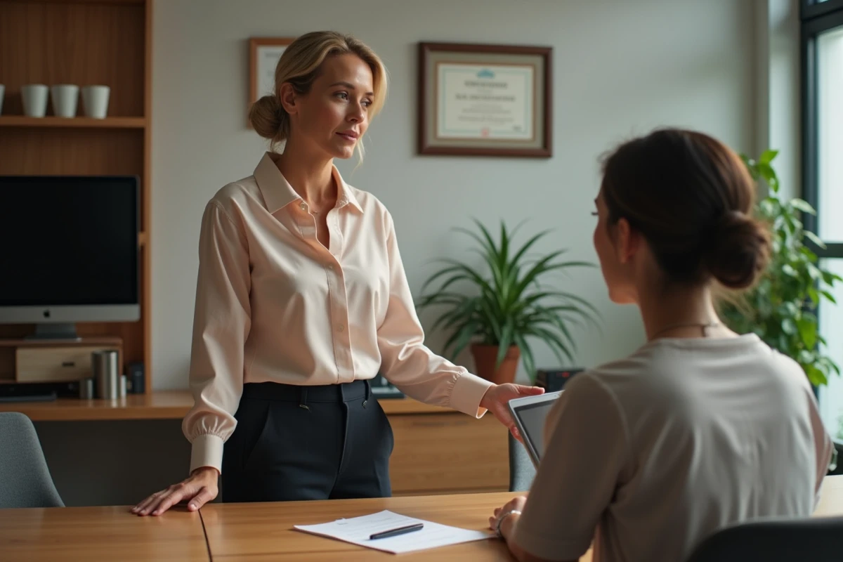 Femme en blouse parle calmement à une collègue dans un bureau chaleureux