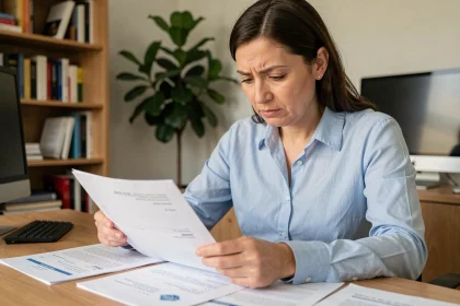 Femme consultant des documents administratifs à son bureau pour retrouver son numéro URSSAF
