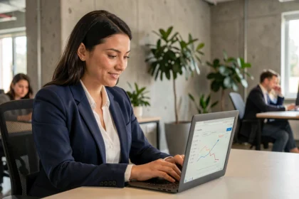Femme entrepreneur en blazer marine travaillant sur un business plan dans un espace de co-working moderne, illustrant la création d'entreprise en 2026