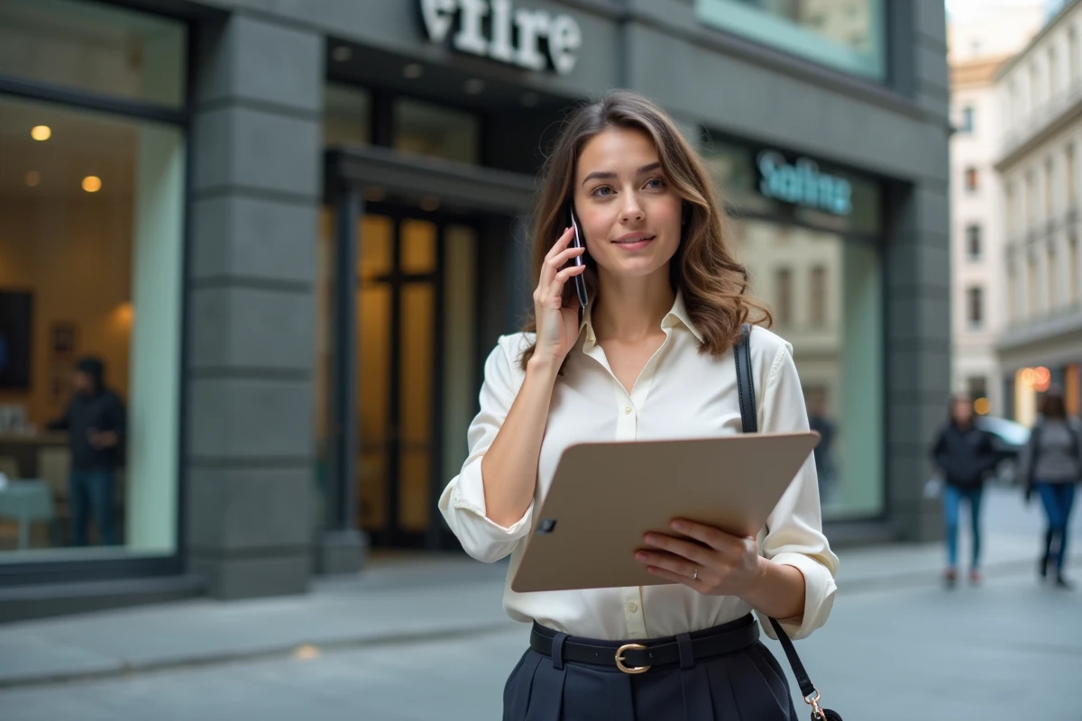 Jeune femme d affaires parlant au téléphone devant un bâtiment