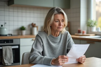 Femme consultant sa facture d'eau avec la mention Franciliane dans un appartement en Île-de-France
