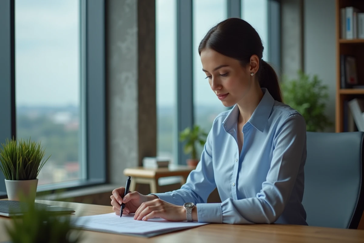 Jeune femme signant des documents sur une tablette dans un bureau