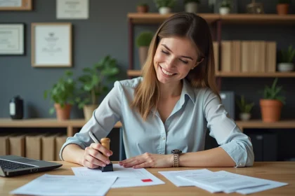 Femme en train de tamponner une facture payée dans un bureau moderne