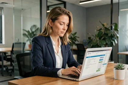 Femme professionnelle comparant les tarifs d'un service digital sur son ordinateur portable dans un bureau moderne