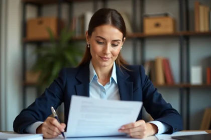 Femme professionnelle lisant attentivement un contrat avec délai de 7 jours ouvrables dans un bureau moderne