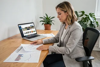 Femme professionnelle planifiant une stratégie de croissance sur 12 mois avec des graphiques et un calendrier sur un bureau moderne