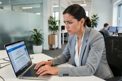 Femme RH frustrée face à un problème de connexion sur un logiciel Silae dans un bureau moderne