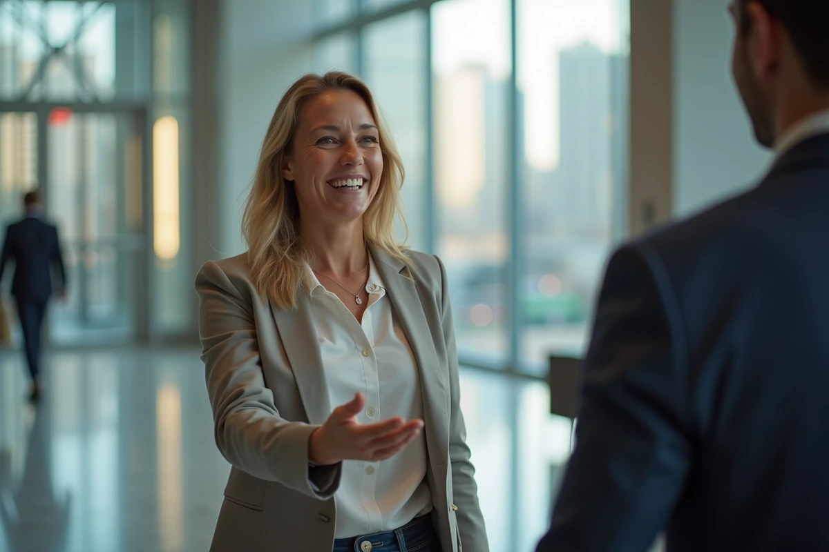 Femme souriante accueillant un collègue à l